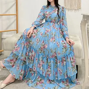 Custom Button Front Ruffle Bottom Floral Print Long Sleeve Maxi Abaya Muslim Dress