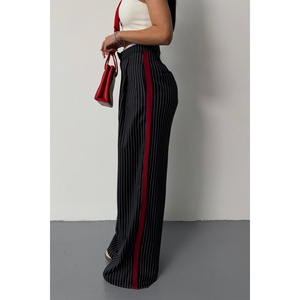 Pantalones de Vestir a Rayas Azul Marino, Cintura Alta, Estilo Casual con Detalle de Raya Lateral, Cierre Elástico en la Cintura, Talla XL, Lavado de Color - Product Image 2