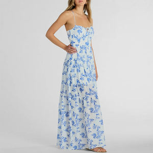 Fabricant de vêtements, robes longues décontractées d'été pour femmes, en coton et lin, imprimées de fleurs, sans manches, style plage, sur mesure - Product Image 3