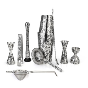Kit de barman personnalisé OEM avec logo, 10 pièces, gravure Tiki, ensemble de shakers à cocktails en acier inoxydable 304 avec shaker <span class=keywords><strong>Boston</strong></span> lesté et doseur de bar - Product Image 1