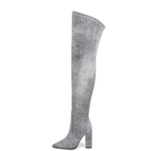 Bottes hautes pour femmes en denim, à talon épais, avec fermeture éclair latérale, pour jeans à jambe large, grandes tailles 47 - Product Image 1