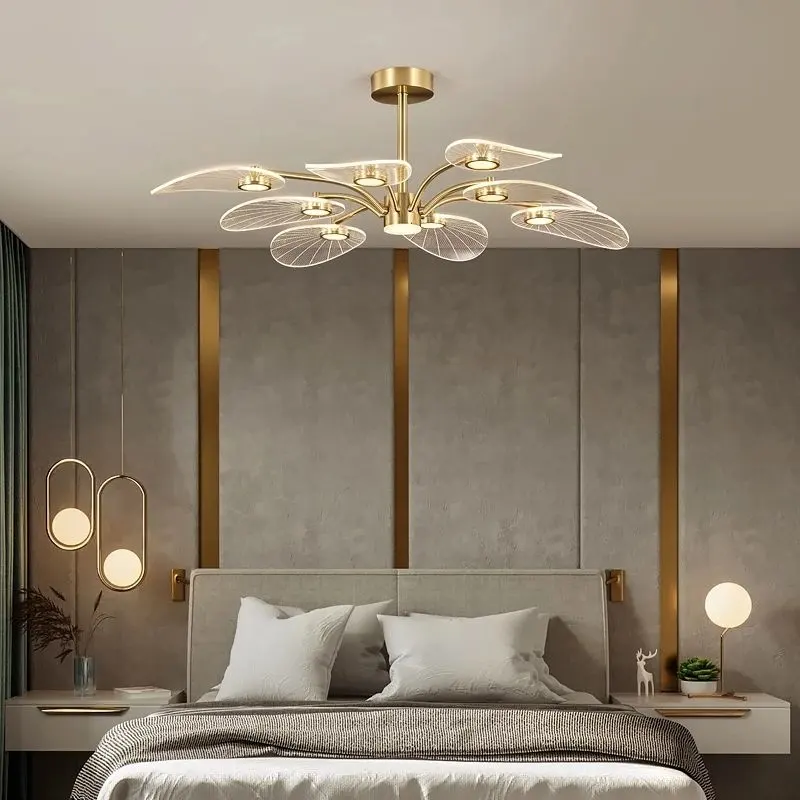 Nordic LED Ceiling Lamp Modern Copper Chandeliers for Bedroom Living Room Lotus Leaf Shape Design Home Decor Lighting Fixture