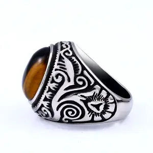 Hip Hop Finger Jewelry Customize Tiger's Eye Agate Turquoise Stone Vintage 316 Stainless Steel Rings Men