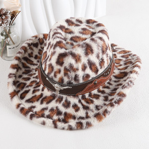 ZhenXi Leopard Print Cowboy Hat M56-58cm Warm Western <b>Style</b> Jazz Hat With Bull <b>Head</b> Belt Accessory - Product Image 1