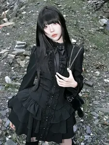 Robe mini noire gothique en dentelle pour <span class=keywords><strong>femme</strong></span>, style Y2K, streetwear japonais, Lolita, col rond, manches longues, costumes Lolita épicés - Product Image 3