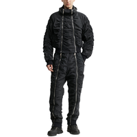 Blouson bomber en nylon froissé isolé noir, double fermeture éclair, froncement sur toute la longueur, veste homme