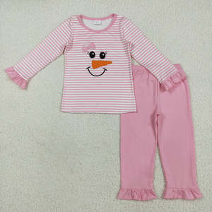 Set di abbigliamento Boutique per ragazze di alta qualità con ricamo pupazzo di neve a strisce blu per bambini inverno pigiami all'ingrosso per bambini - Product Image 3