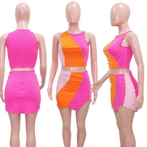 Zomerse trendy sexy kleurcontrast crop top met kralen casual jurken met kralenversiering dames 2-delige set - Product Image 3