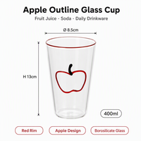 Schattig fruitdesign glazen tumbler 400ML hoog borosilicaat glas met gekleurde rand, handgeschilderd appel-perenpatroon, helder glas