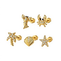 Boucles d'oreilles tendance en argent sterling 925 plaqué or avec zircon, motif coquillage, étoile de mer et crabe, pour femme, idéales pour l'été et la plage, cadeau de joaillerie fine