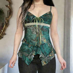 Débardeur Camisole Femme Rétro Imprimé Col V Sans Manches Volants Coupe Évasée Léger Décontracté Tendance Été - Product Image 4