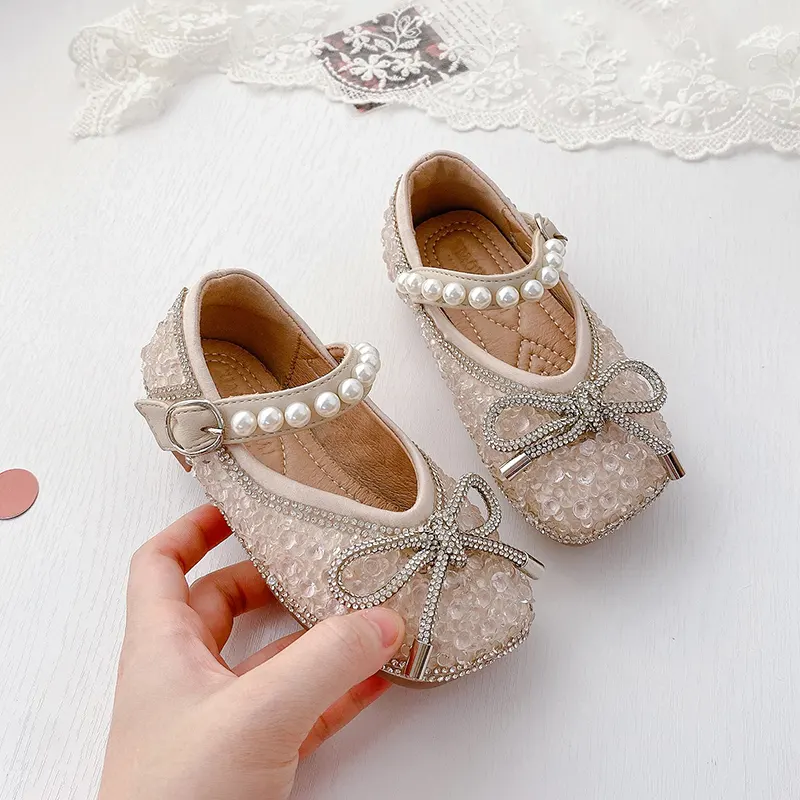Sapatos de bebê brilhantes, sapatos unissex com laço para meninas, vestido de noiva, sapatos de princesa para primavera e outono 2021