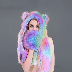 A1607 Colorful Plush Cartoon Winter Faux Fur Eared Long Scarf Unicorn Hat Gorro Wool Gloves Scarf Animal Ear Hats with Paws