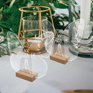 Pafu Wedding Table Number Holder Table Display Stand Signs Butterfly Shaped Clear Acrylic Table Numbers with Wood Stand