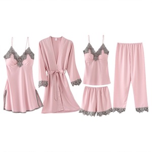 Pizzo 5 pz set pigiama da donna in morbida seta con bretelle da notte da donna camicia da notte da donna - Product Image 6