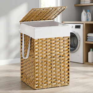 Panier à linge en rotin naturel avec couvercle et doublure amovible, panier à linge rectangulaire en osier - Product Image 2