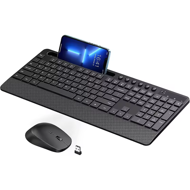 Office Desktop PC Full Size Wireless Keyboard and Mouse Combo 2 4G Ergonomic with Phone Holder
