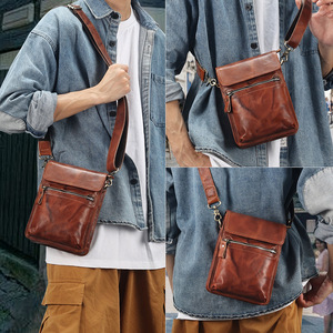 Dujiang Men's Crossbody <b>Bag</b> Brown Leather Compact Vertical Design Everyday Use Durable Wear Resistant - Product Image 2