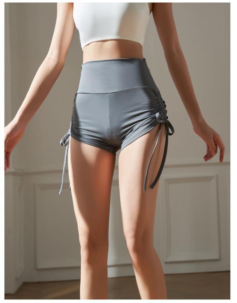 Women's High-Waist Yoga Leggings Lace Stretch Booty Pocket Adjustable Side Ties Solid Color Yoga Shorts