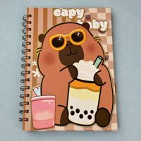 Carnet à spirales mignon Kapibala avec des pages colorées, motif ours café et capybara, planificateur de grande valeur avec ruban.