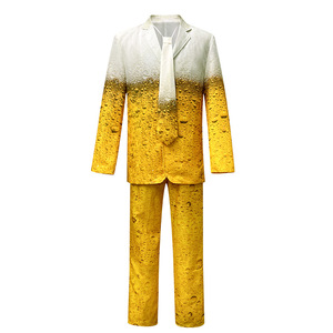 Conjunto de disfraz de cerveza para mujer y hombre, traje de fantasía con gradiente amarillo, traje de manga larga, pantalones cortos - Product Image 4