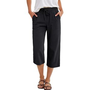 FOXA Pantalon Capri pour femme, coupe décontractée, taille élastique avec cordon de serrage, coupe droite, respirant, en coton, pour l'été - Product Image 1