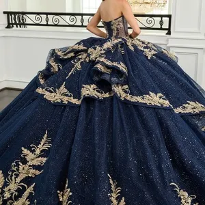Abito da ballo blu navy con pizzo dorato per feste di compleanno, balli di fine anno e occasioni speciali, per ragazze di 15, 16, <span class=keywords><strong>18</strong></span> anni, Vestiti da Quinceañera QM771 - Product Image 2