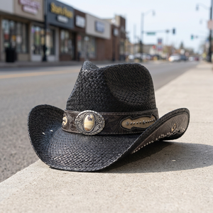 Chapeau de cowboy en paille de papier, style américain, façon Cattleman, à large bord façonnable, style Sombrero Western avec cornes, unisexe, pour voyage et pêche, dessiné à la main - Product Image 3