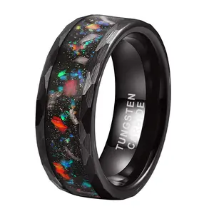 Coolstyle Jewelry anello in tungsteno martellato nero da 8mm per uomo donna Real Meteorite Galaxy Opal Inlay fede nuziale di fidanzamento