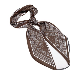 Selendang Sutra Tipis 90cm Warna Cokelat Kopi Putih Motif Paisley Mewah Untuk Rambut, Leher, dan Tas Tangan - Product Image 1