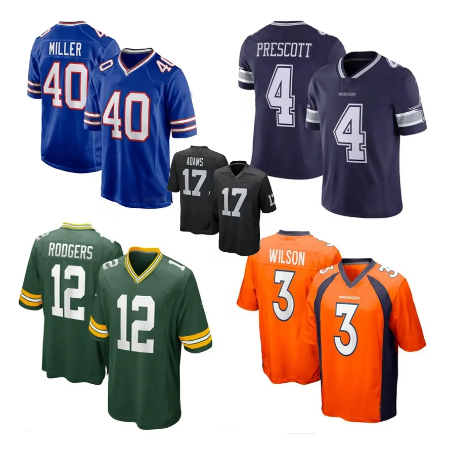 Nova temporada todas as 32 equipes costuradas bordado nome número EUA American football jersey