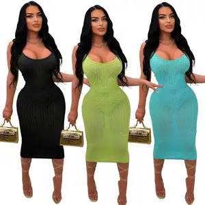 Fashion sexy solid color knitted u neck sleeveless long dress women bodycon dress