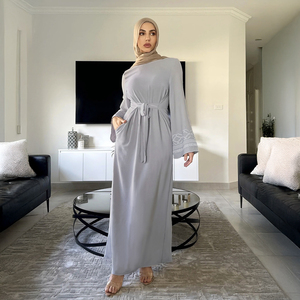 Light Grey Embroidered Sleeve Breathable Ankle Length <b>Abaya</b> Belted High Waist Tunic Modest Dress with Pockets for Muslim Women - Product Image 1