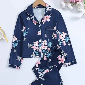 OEM bulk wholesale family matching pajamas sets blue satin flower printing kids silk loungewear women sets luxury Pj Pjs Pyjamas