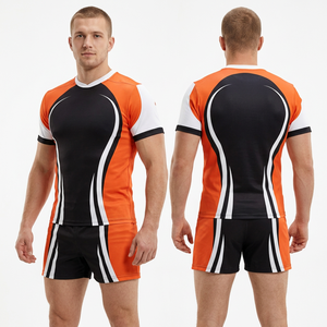 Conjunto de Camiseta de Rugby de Manga Corta para Hombre, Rayas Naranja, Negro y Blanco, Ajustada, Transpirable, de Secado Rápido, para Todas las Temporadas - Product Image 1