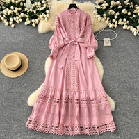 Robe élégante pour femmes, en dentelle marron, patchwork, coupe évasée, col montant, manches longues, ceinture, robe midi pour tous les jours, robes décontractées