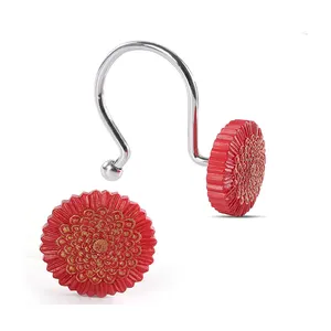 Único flor forma design lindamente pintados à mão vermelho crisântemo plástico chuveiro cortina gancho à prova de ferrugem metal gancho anel