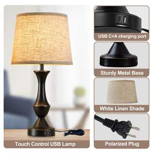 โคมไฟ LED ตั้งโต๊ะดีไซน์แบบสัมผัสขนาด2 22 ", โคมไฟข้างเตียงสูง/ข้างเตียงโคมไฟ USB C + A พอร์ตหรี่แสงได้3ทาง - Product Image 3