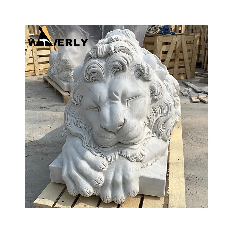 आउटडोर उद्यान सजावट पत्थर की नक्काशी और मूर्तियां जानवर सोते हुए लेटे हुए सफेद संगमरमर शेर की मूर्ति बिक्री के लिए