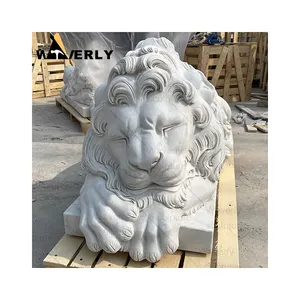 室外花园装饰石雕和雕塑动物睡觉躺在白色大理石狮子雕像雕塑出售