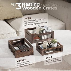 Solid Wood Carbonized Mesh <b>Storage</b> <b>Box</b> Rectangular Desktop Organizer Office Desk <b>Storage</b> Three Piece Set Distressed Home Decor - Product Image 4