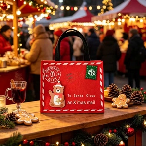 Sac cadeau de Noël en feutre, motif Sac du Père Noël, <span class=keywords><strong>applique</strong></span> ours, poignées rouges, pour bonbons et friandises, décoration de fêtes - Product Image 5