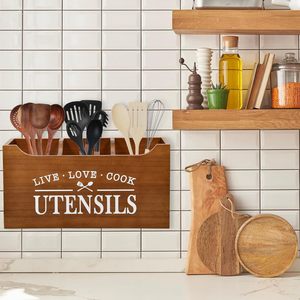 Caja de almacenamiento de cubiertos de madera para cocina con orificio de drenaje, soporte para cuchillos, tenedores y palillos, caja de almacenamiento transfronteriza, para encimera - Product Image 3