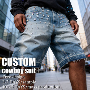 Shorts en jean Y2K personnalisés pour hommes, style Hip Hop, baggy, avec strass et clous en cristal, coupe ample, ourlet brut, streetwear - Product Image 1