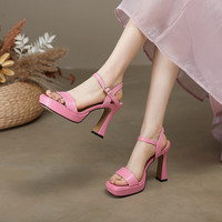 Sandal Wanita Platform Elegan 2026 Musim Panas, Sepatu Kulit Asli Open Toe untuk Pesta, Gaun, Prom, Hak Tinggi 10cm, Sandal Wanita Warna Pink