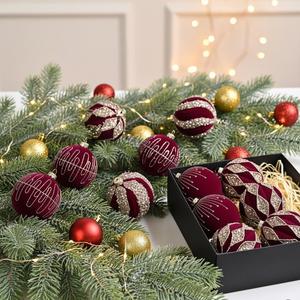 Boules de Noël décoratives de luxe en plastique floqué avec strass, 2 couleurs, fabriquées à la machine, à suspendre pour sapin de Noël - Product Image 2