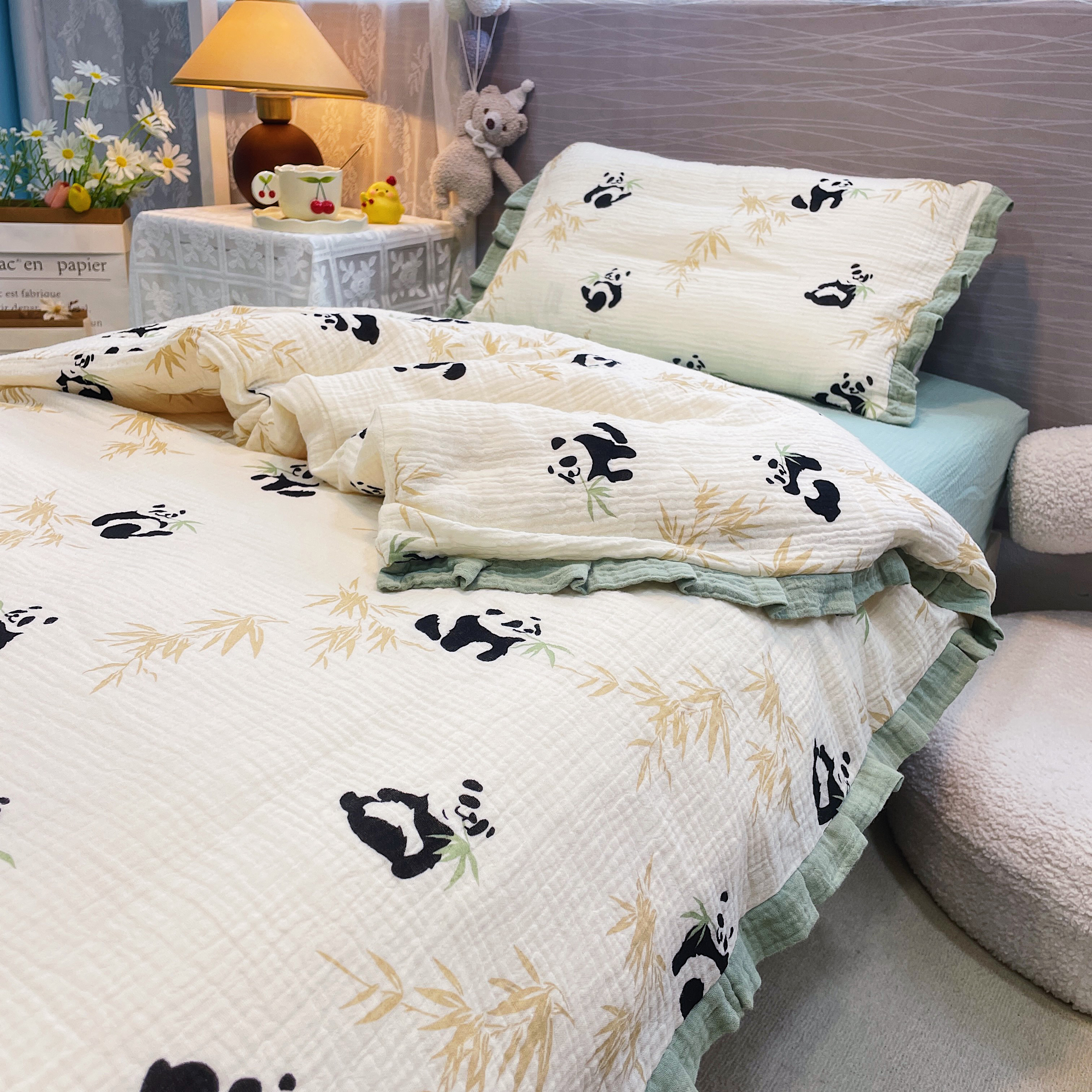 Feelyou Kids Panda Comforter Set - Twin Size Bedding With Pillow Case, Cute Animal Decor (Green Bamboo)