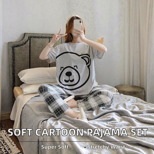 <b>Summer</b> Spring Women's Elastic Waist Short-sleeved Breathable Soft Knitted 100% Polyester <b>Pyjamas</b> Set Casual Loose Cartoon - Product Image 2