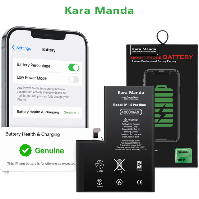 Kara Manda 800 Cycle No Pop-up Unverified 100% Health Diagnostic Genuine Li-ion Rechargeable Battery for 15 Pro Max Stock
