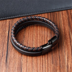 Good Quality Men <b>Bracelet</b> Bangle Stainless Steel Custom Logo Black <b>Leather</b> Braided Multi-Layer Genuine <b>Leather</b> <b>Bracelet</b> - Product Image 3